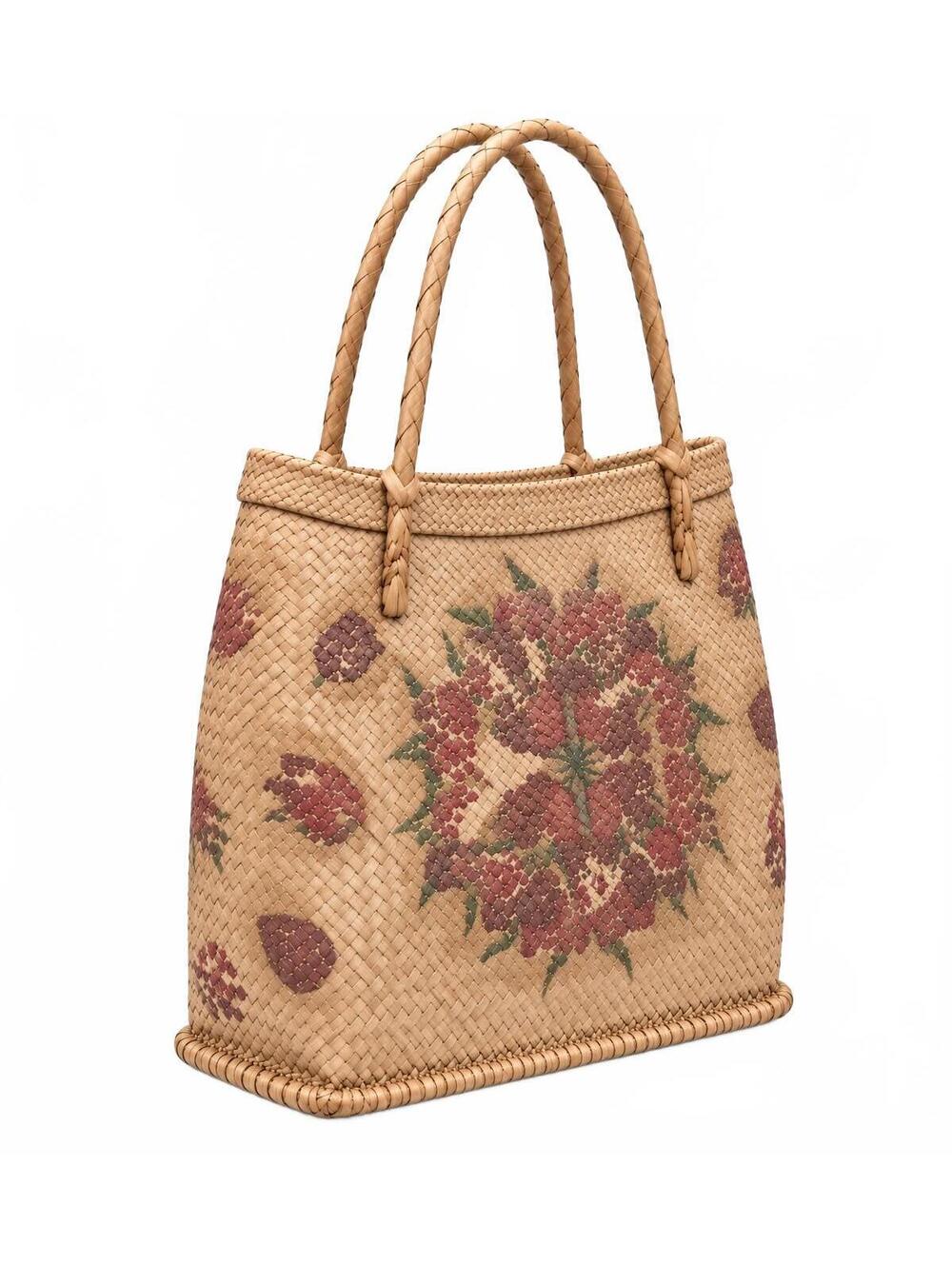 Vintage Woven Straw Basket Tote Handbag Hand Painted Floral Large Market Bag